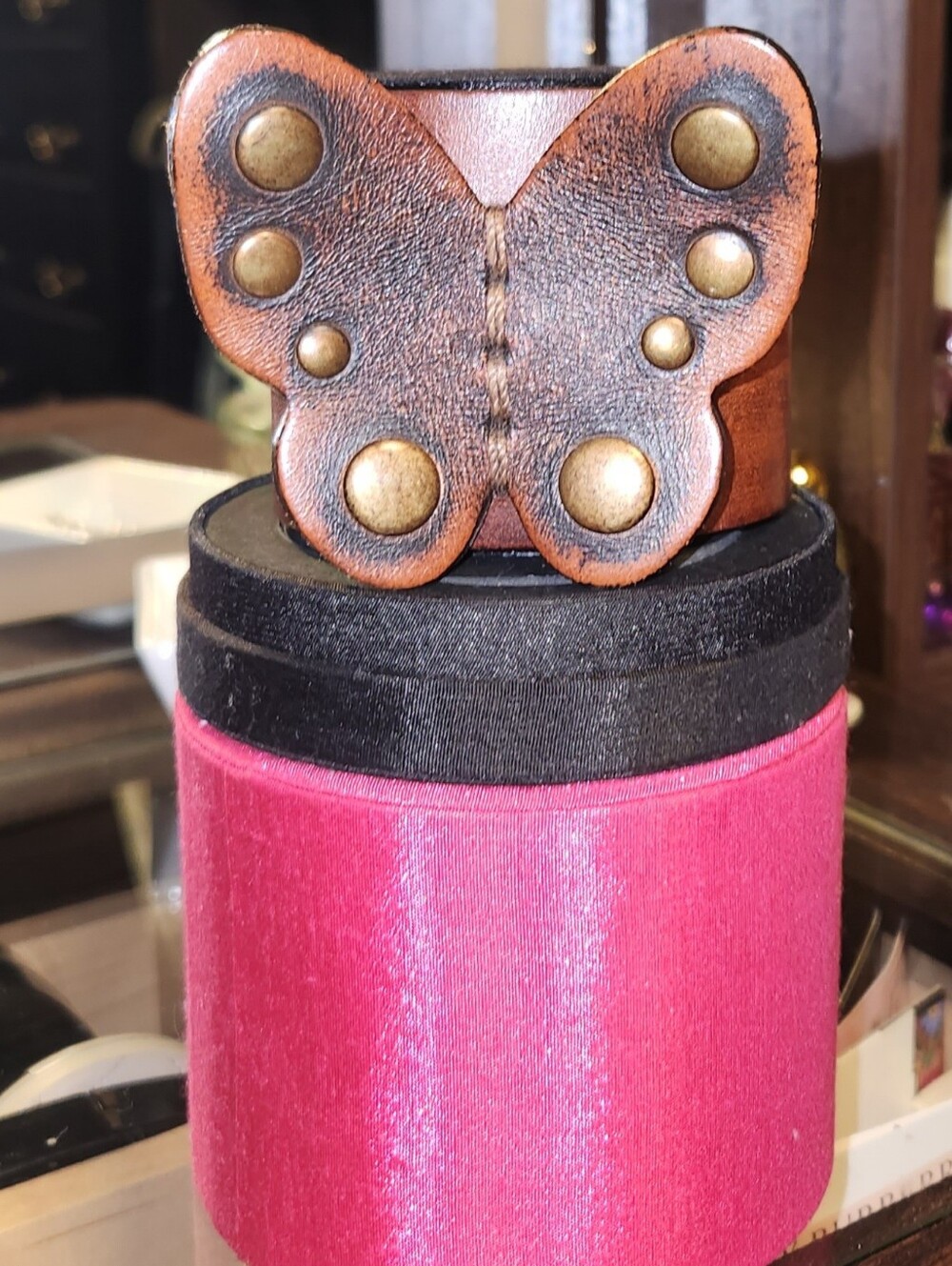Three Bird Nest Butterfly Leather Cuff Bracelet - Brown